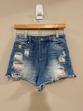 Women's Just For You Distressed High-Rise Denim Button Fly Shorts. Size S